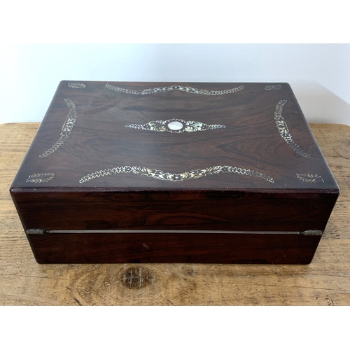 91 - An ornate Victorian rosewood box with mother of pearl inlay, void interior, 13 3/4