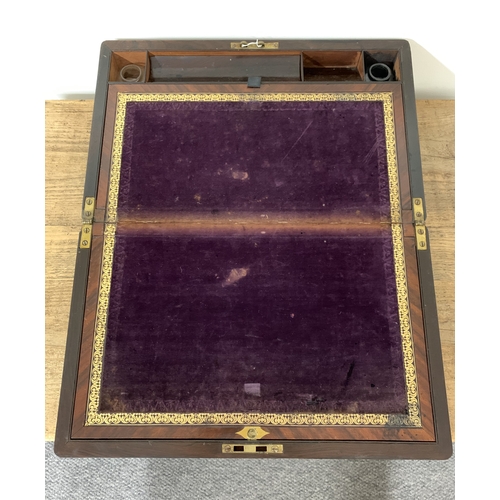 92 - A Victorian rosewood with mother of pearl inlay writing slope, brass inlaid plaque, purple velvet in... 