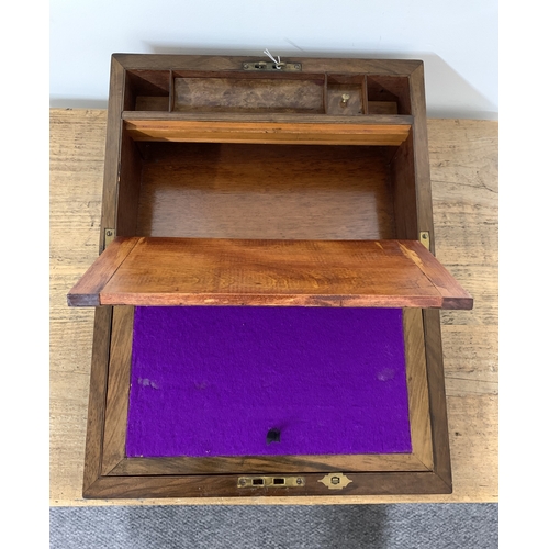 93 - A Victorian burr wood writing slope, brass inlay to edges and cartouche, the inner with replacement ... 