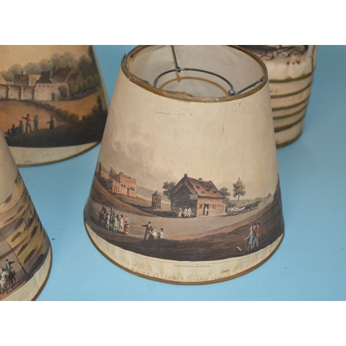 317 - A set of seven late 19th Century printed scene lamp shades, the various prints of London landmark sc... 