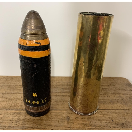 340 - WW1 British 18 pdr shrapnel round shell case dated 1916, projectile fuse dated 1917, inert