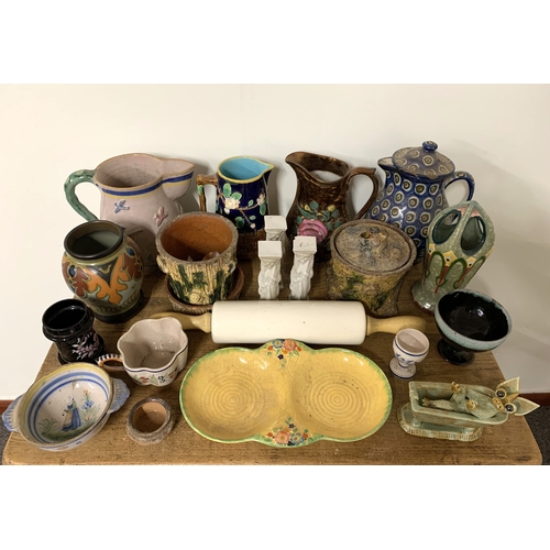 10 - A mixed box of vintage ceramics including Gouda, Doulton, Quimper, jugs etc