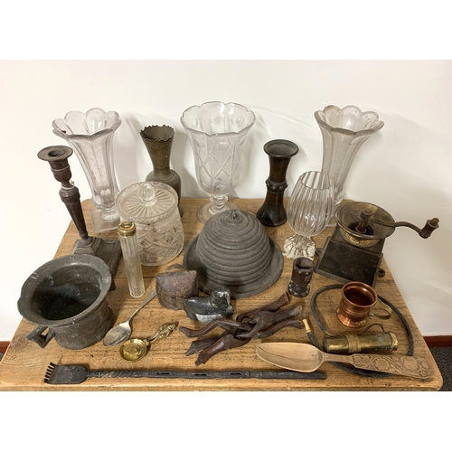 13 - A box of mixed metalware and glassware including a large plated honey pot, coffee grinder etc