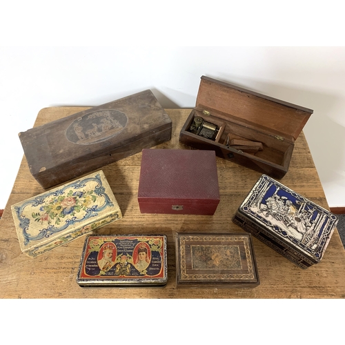 17 - A selection of vintage tins and wooden boxes including a 1908 Royal Edward Dock Bristol commemorativ... 