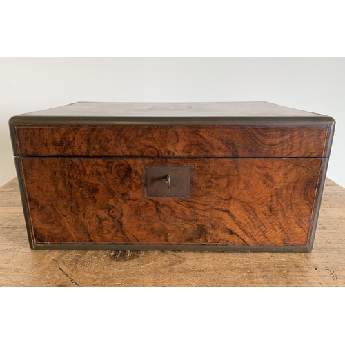 187 - A good 19th Century rosewood writing slope, two interior ink wells and inner locking compartment, me... 