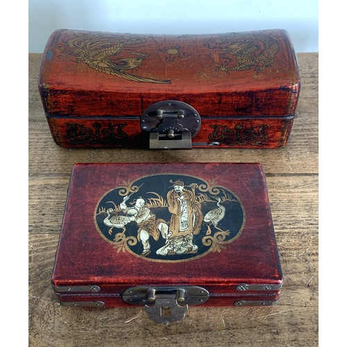 295 - Two Chinese decorative red boxes with brass fittings plus a set of opium scales with Hintha bird wei... 