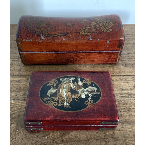 295 - Two Chinese decorative red boxes with brass fittings plus a set of opium scales with Hintha bird wei... 