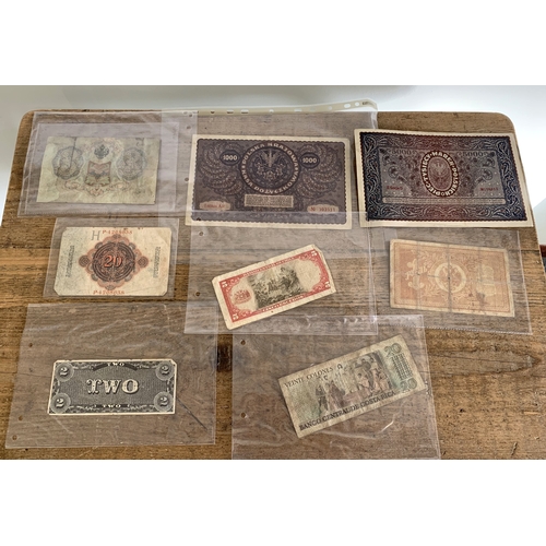 298 - A mixed lot of vintage and unusual foreign bank notes to include a two dollar Confederate States of ... 