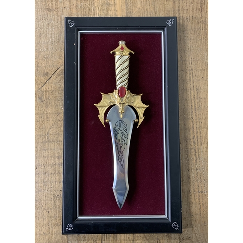 327 - Dragon handle fantasy dagger on purpose made frame, total length 15