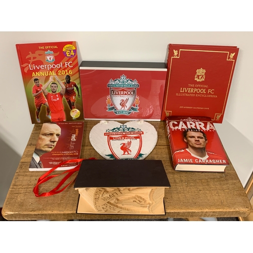 332 - A selection of Liverpool Football Club memorabilia including a hand painted slate heart by Nicola Sp... 