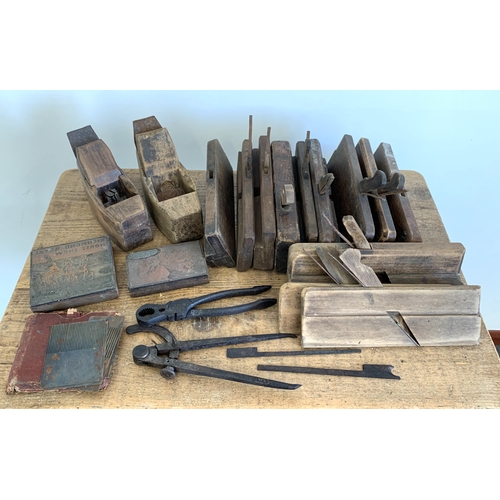 34 - A selection of vintage wood working planes plus two printing blocks, one 'Richmond Royal Horse Show'