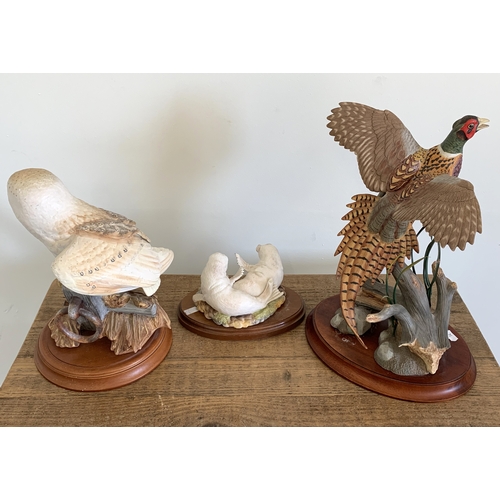 47 - Franklin Mint 'The Ring Neck Pheasant' (loose from base), a barn owl and 'Young Seals' (loose from b... 