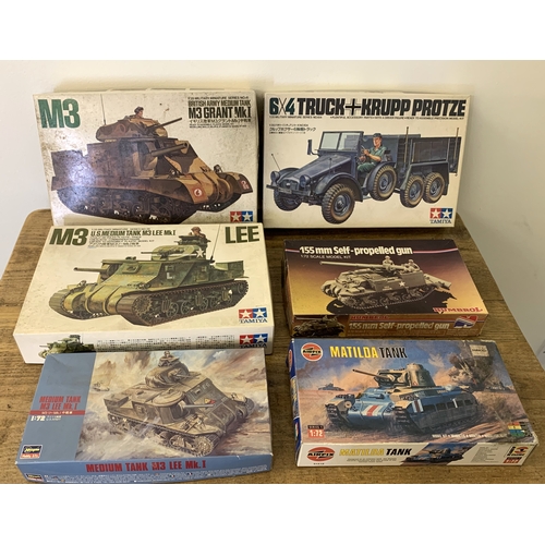 80 - Three vintage Tamiya 1:35 models including M3 Tank Lee Mk1, M3 Grant Mk1 and 6x4 Truck Krupp Protze ... 