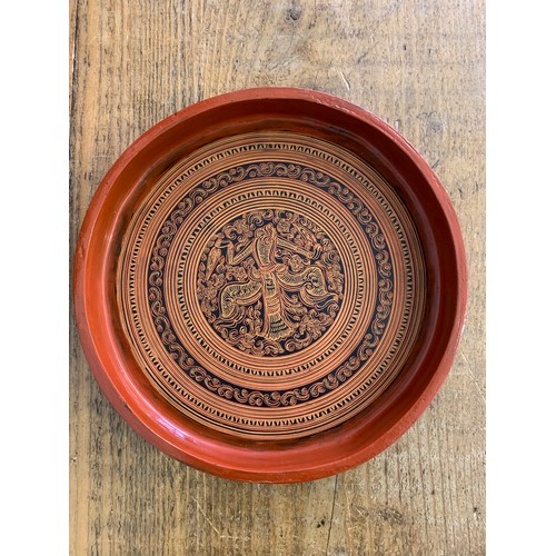 134 - A vintage Burmese Myanmar red lacquer four section food basket/cannisters, hand painted decoration, ... 