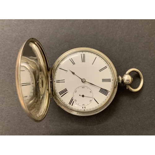 111 - An antique silver full hunter pocket watch, inscription inside reads 'William H Mills, 172 Oxford St... 