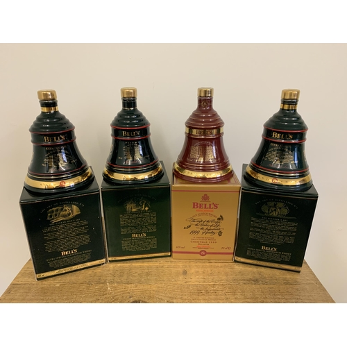 58 - Four boxed Bell's bell ceramic decanters, Christmas year issues includes 1992, 1994, 1995 and 1999, ... 