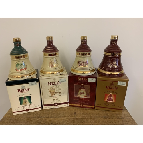 59 - Four boxed Bell's bell ceramic decanters, Christmas year issues includes 1996, 1997, 1998 and 1999, ... 