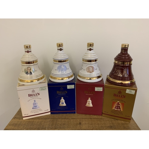 60 - Four boxed Bell's bell ceramic decanters, Christmas year issues includes 1999, 2000, 2001 and 2003 7... 