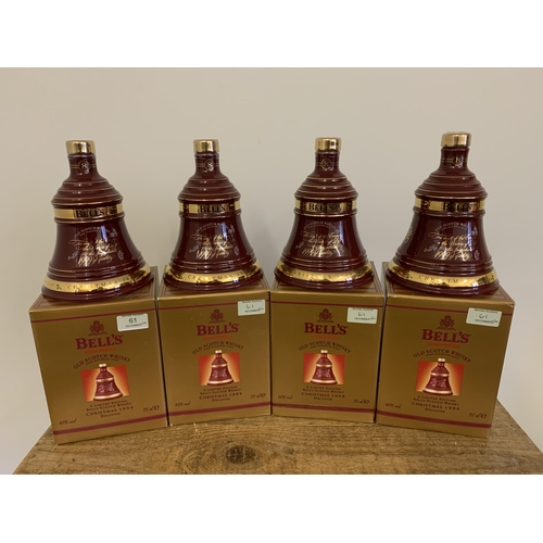 61 - Four boxed Bell's bell ceramic year decanters, all 1999