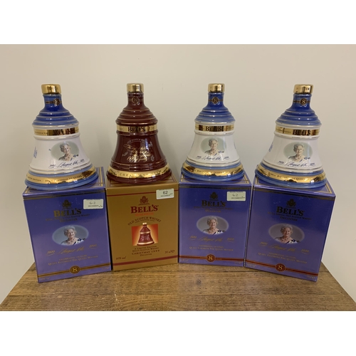 62 - Three boxed Bell's bell decanters, 100 Years Queen Mother, year 2000 plus a 1999 Christmas