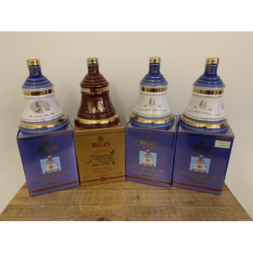 62 - Three boxed Bell's bell decanters, 100 Years Queen Mother, year 2000 plus a 1999 Christmas