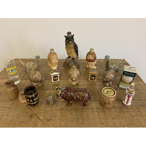 77 - A selection of Wade animal themed mini decanters, some with whisky contents plus a variety of contin... 