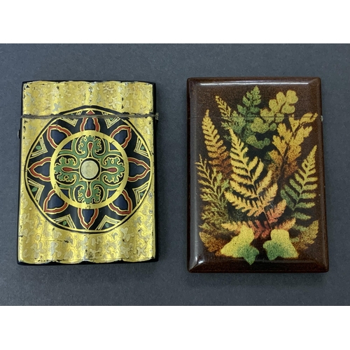 88 - Two vintage decorated wood card cases, one hand painted, the other with ferns and leaves