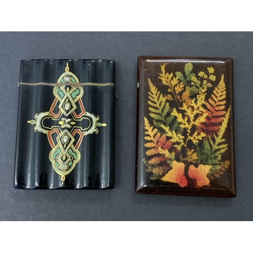 88 - Two vintage decorated wood card cases, one hand painted, the other with ferns and leaves