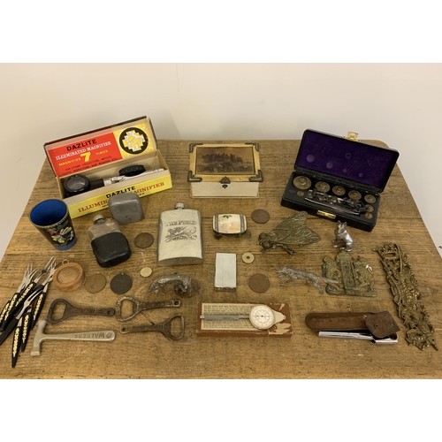 92 - Various items of interest including cased Philip Harris Ltd weights, hip flasks, bottle openers etc