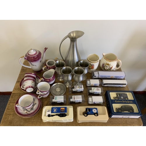 309 - Mixed items including a 'Selangor' pewter jug and goblets, a Japanese part tea set plus Lowestoft Fo... 