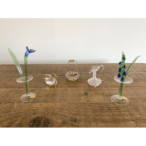 301 - Five miniature glass ornaments including two Murano style, two vases with flowers and a swan