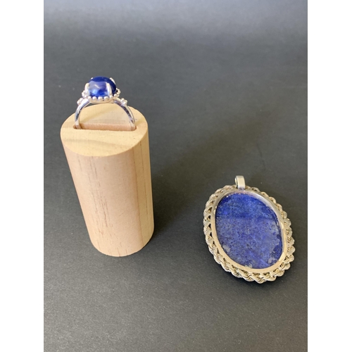 104 - A 925 sterling lapis lazuli ring, approx. size Q plus a 925 lapis necklace and a white metal pendant