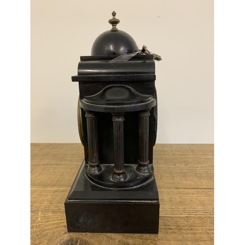 172 - Turn of the century slate mantel clock, no obvious maker, comes with pendulum and key, 11