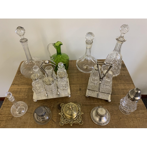 2 - Three cut glass decanters (one with chips to neck), two silver plate and glass condiments set, ink w... 