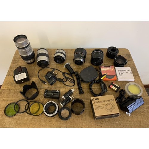 29 - A Pentax 100-300 camera lens, Pentax 80-200, 35-80, Korean Sirius lens, Olympus digital, light filte... 