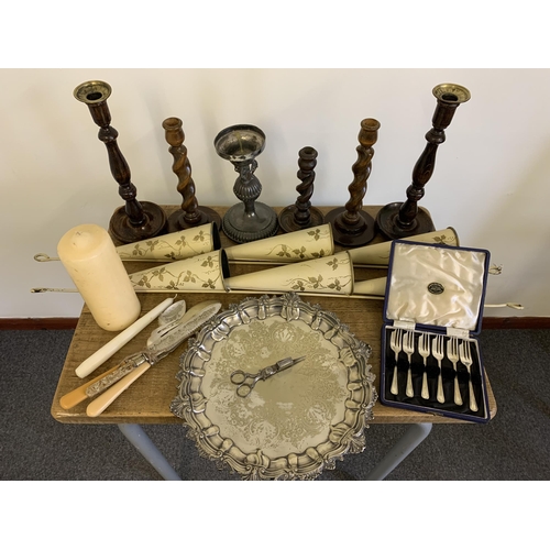 3 - Two pairs of wooden candlesticks, various silver plate and a pair of vintage gold painted triple pos... 