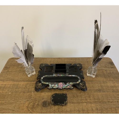 5 - An antique papier mache dish inset with mother of pearl plus a papier mache inkstand with two glass ... 