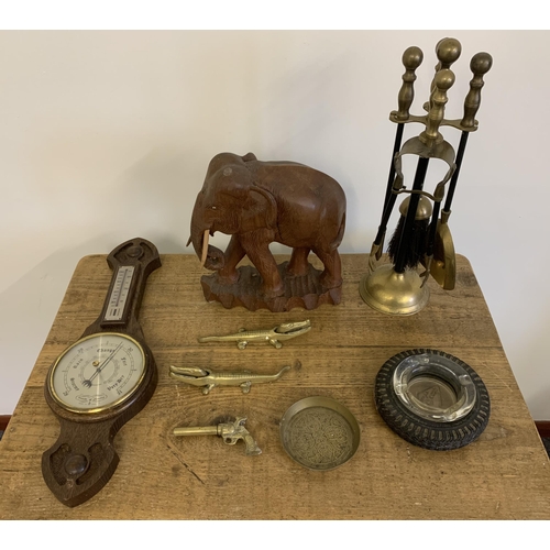 53 - A mixed box of wood and metalwares including a large carved elephant, barometer etc