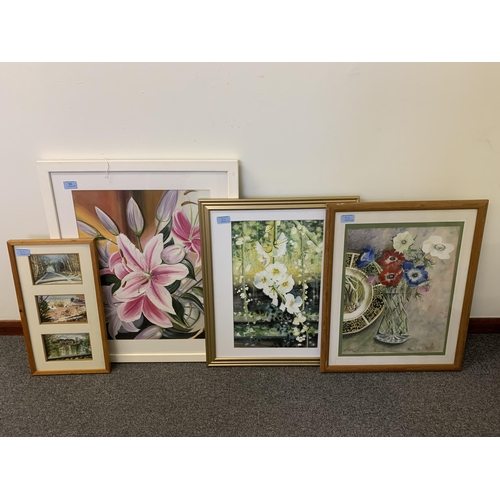 56 - Four framed and glazed acrylic pictures including signed lilies in white frame 15 1/2