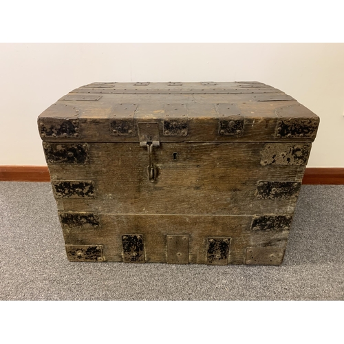 6 - An antique oak metal bound small trunk with later lock (no key), 20 1/2