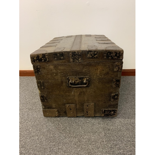 6 - An antique oak metal bound small trunk with later lock (no key), 20 1/2