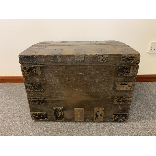 6 - An antique oak metal bound small trunk with later lock (no key), 20 1/2