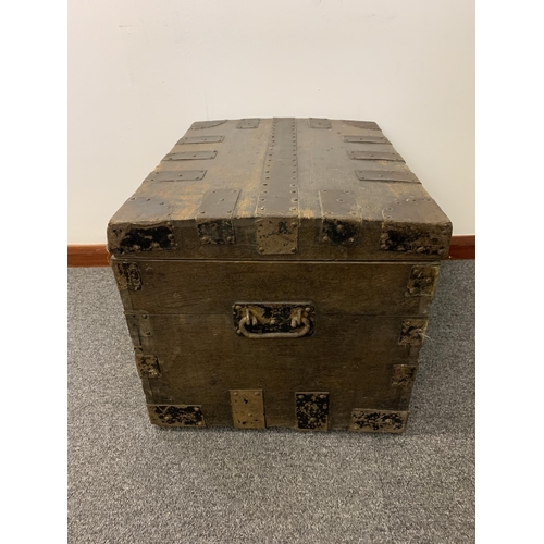 6 - An antique oak metal bound small trunk with later lock (no key), 20 1/2