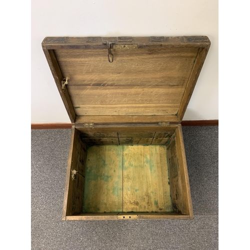 6 - An antique oak metal bound small trunk with later lock (no key), 20 1/2