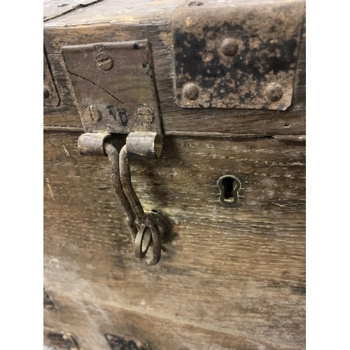 6 - An antique oak metal bound small trunk with later lock (no key), 20 1/2