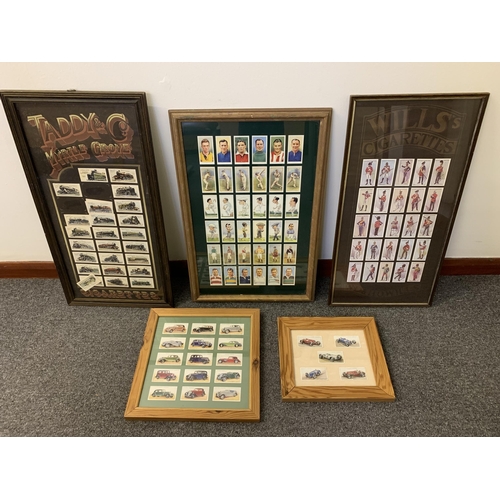 60 - Five framed and glazed vintage cigarette cards including Players Army regiments, sports stars, a sma... 