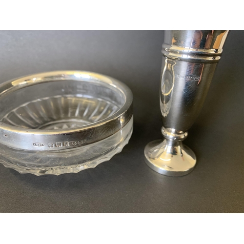 85 - A hallmarked silver small vase, weight approx. 40g plus a hallmarked silver rim glass dish, 3 3/4