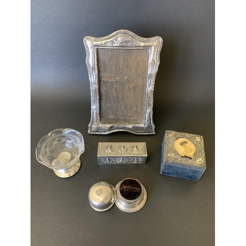 99 - A hallmarked silver photo frame (as found) plus an American 'Birks' sterling ring box (as found hing... 