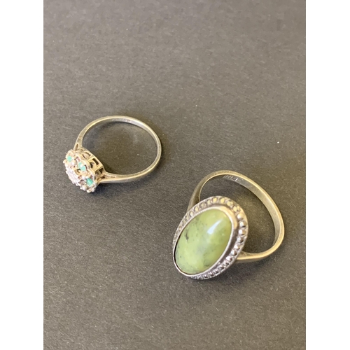 110 - A hallmarked silver green agate stone set ring, approx. size Q plus a silver small diamond and green... 