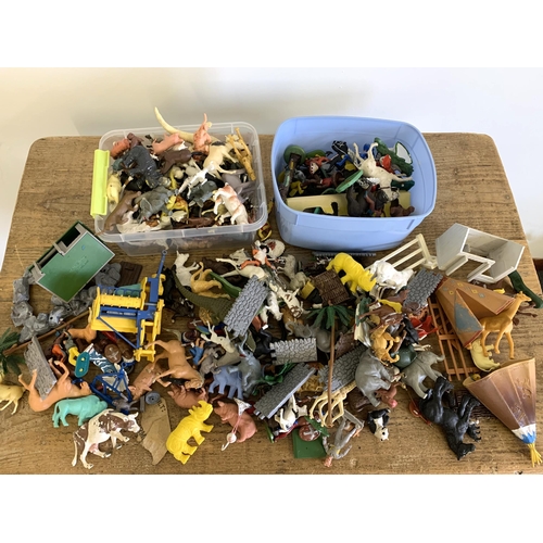 142 - A small box of various vintage plastic Britains and Timpo figures together with Britains and other f... 